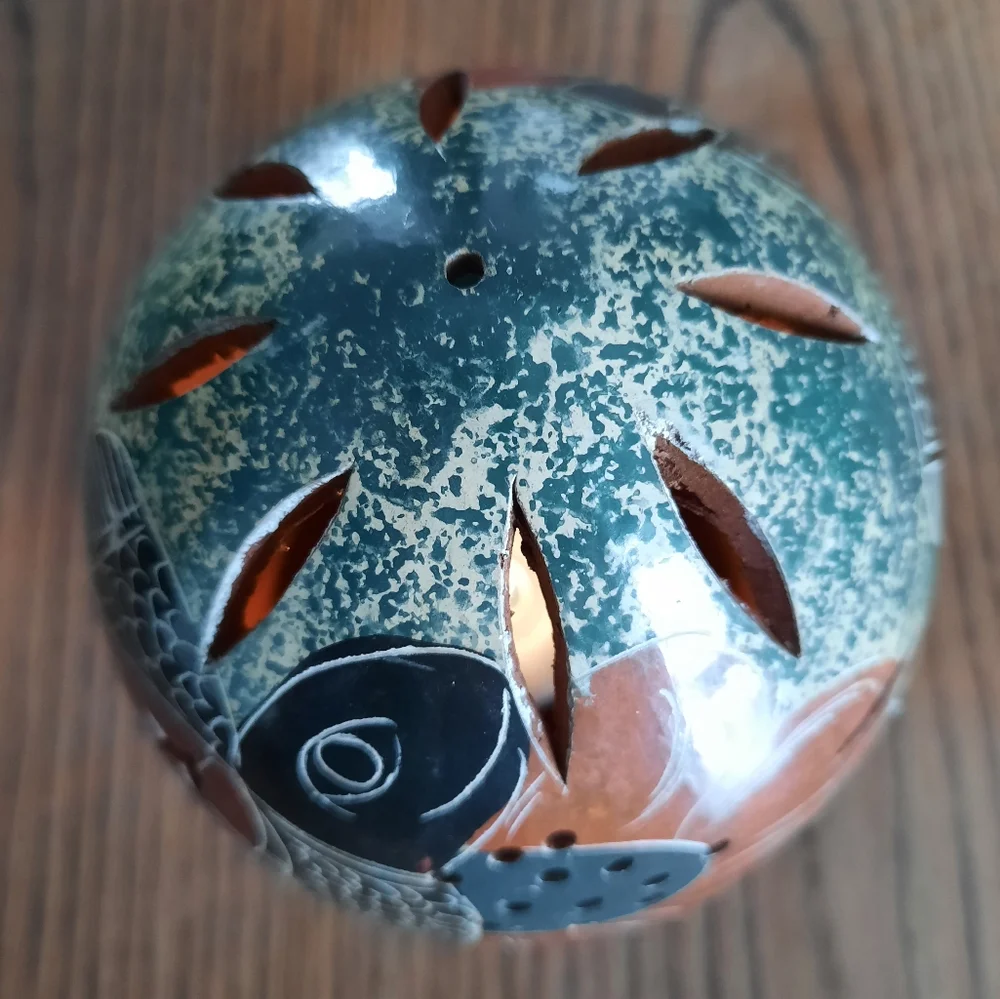 Pottery pierced candle holder turtle tribal folk art glazed terra cotta